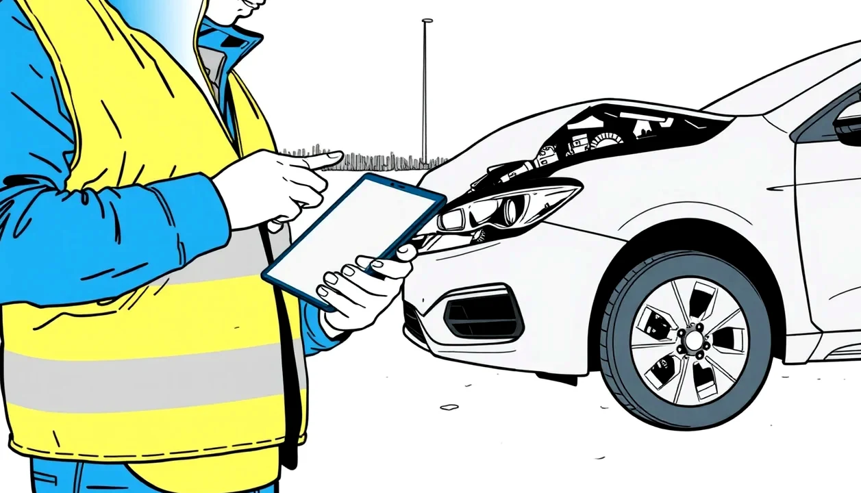 Obhliadka poškodenej prednej časti osobného automobilu likvidátorom poistných udalostí