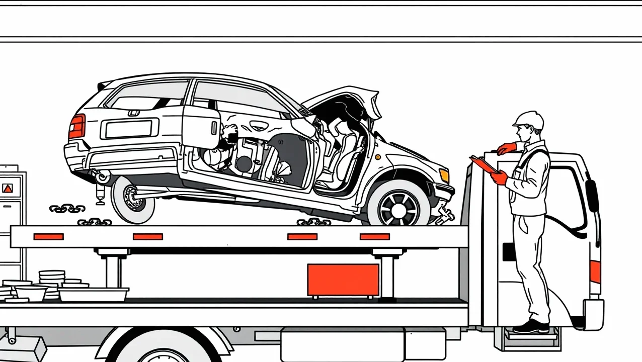 Mechanik v autoservise kontroluje poškodený nárazník a svetlomet moderného vozidla