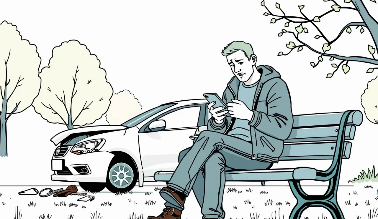 Mladý vodič kontroluje stav prenajatého auta na mestskom parkovisku cez smartfón