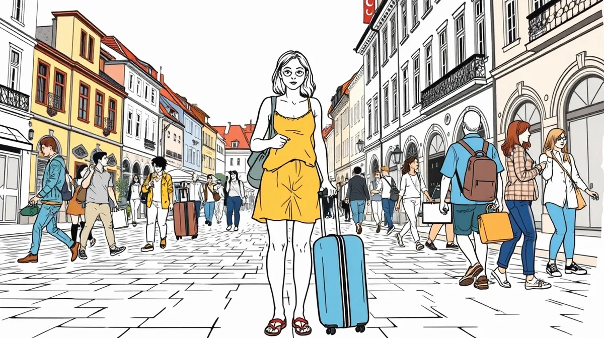 Turista držiaci úradný protokol o hlásení krádeže pred budovou policajnej stanice