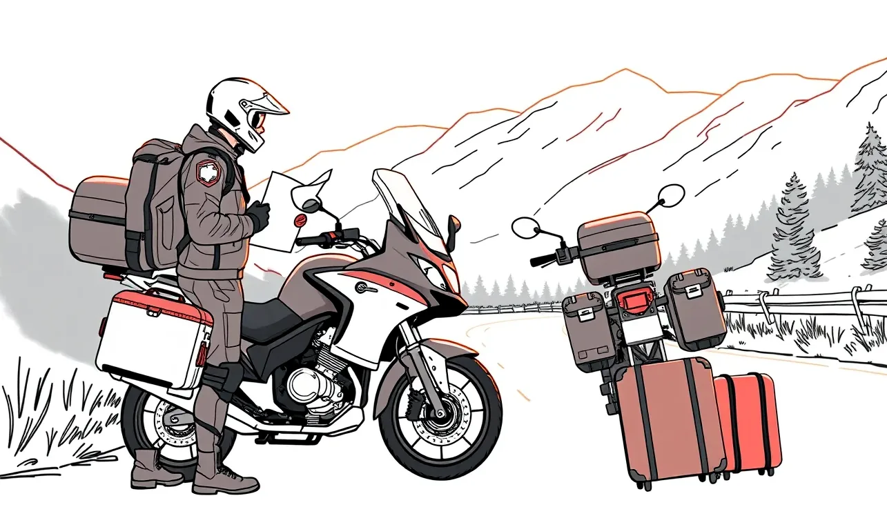 Pohľad na riadidlá motocykla a kontrolu asistenčných dokladov pred cestou