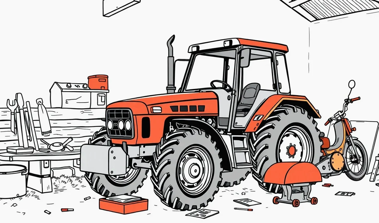 Pracovný traktor s prívesom pri cúvaní k hospodárskej budove
