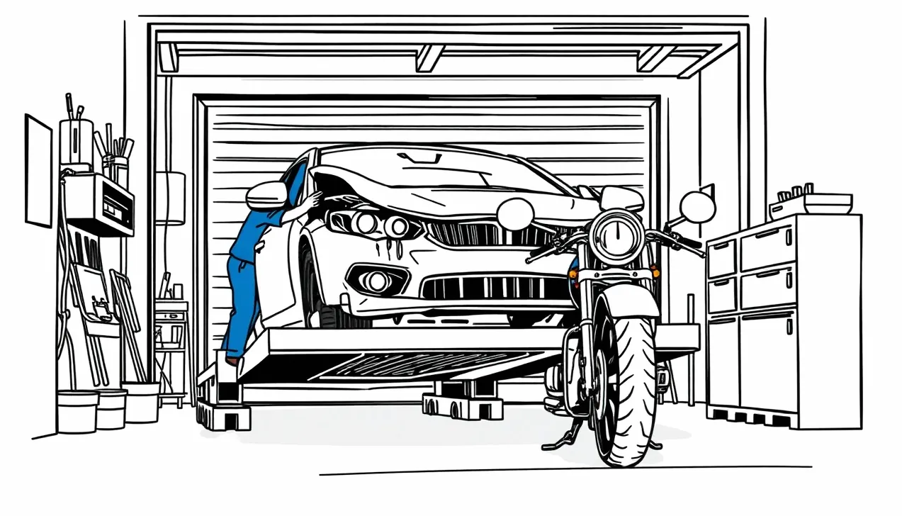 Mechanik v autoservise kontroluje poškodený nárazník na zdviháku