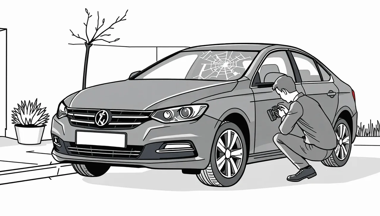 Detailné poškodenie prednej kapoty a prasknuté čelné sklo auta po náraze