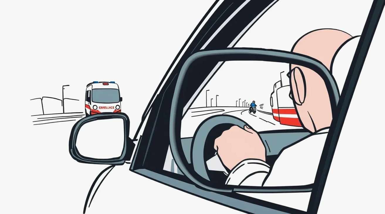 Pohľad na zapnuté výstražné majáky sanitného vozidla v kolóne