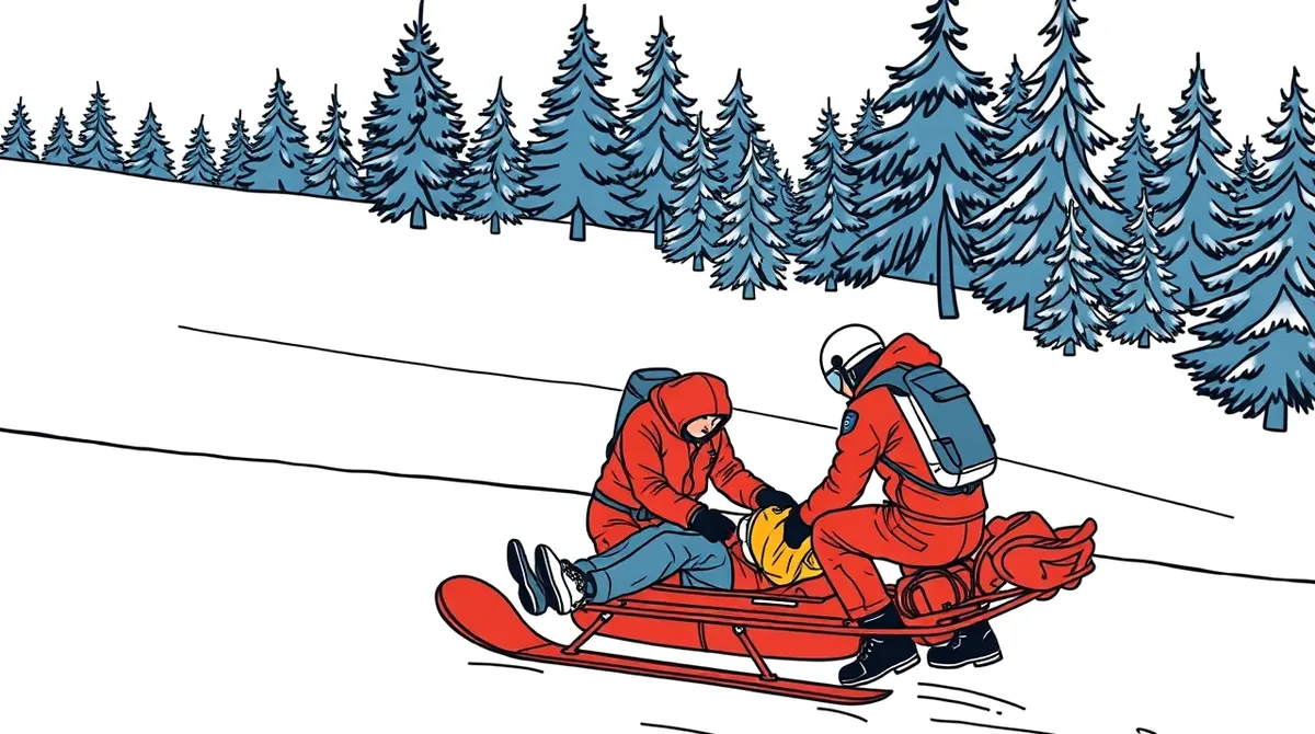 Záchranár horskej služby na snežnom skútri ošetruje zraneného lyžiara na zjazdovke
