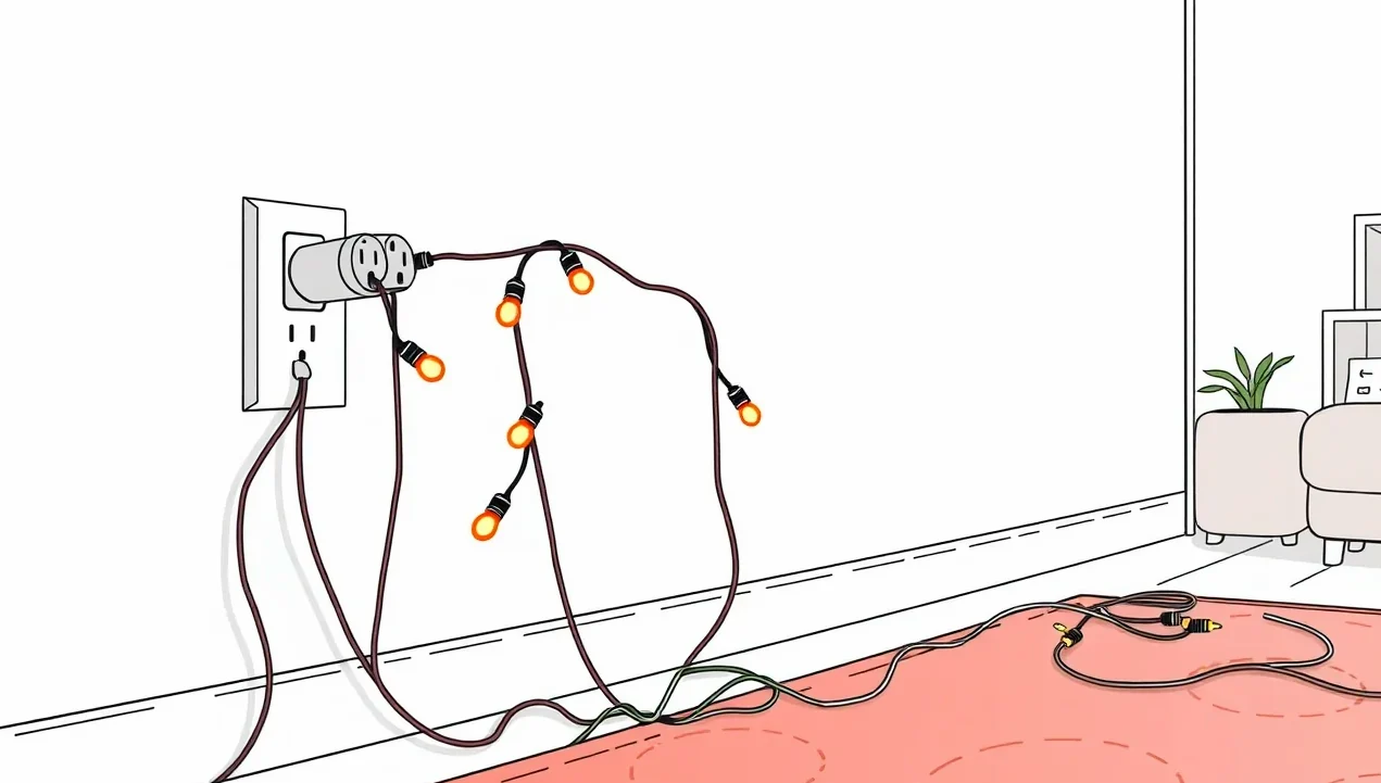 Preťažená elektrická rozdvojka s vianočným osvetlením ležiaca na koberci