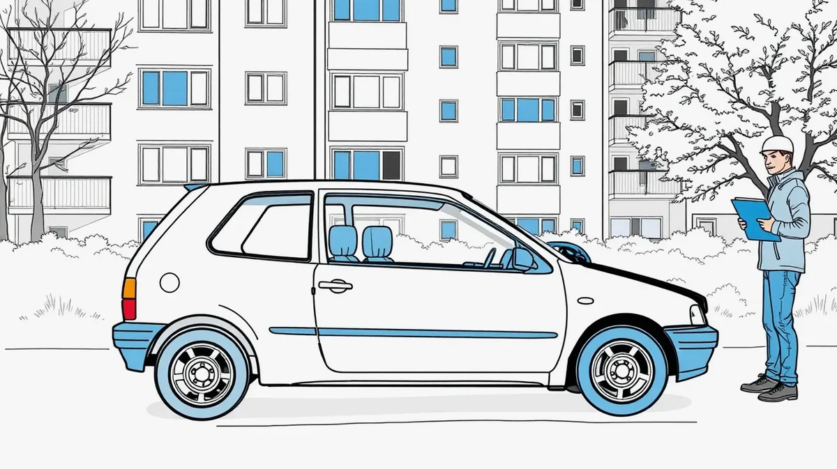 Starší vodič kontroluje stav nárazníka na svojom aute pri garáži