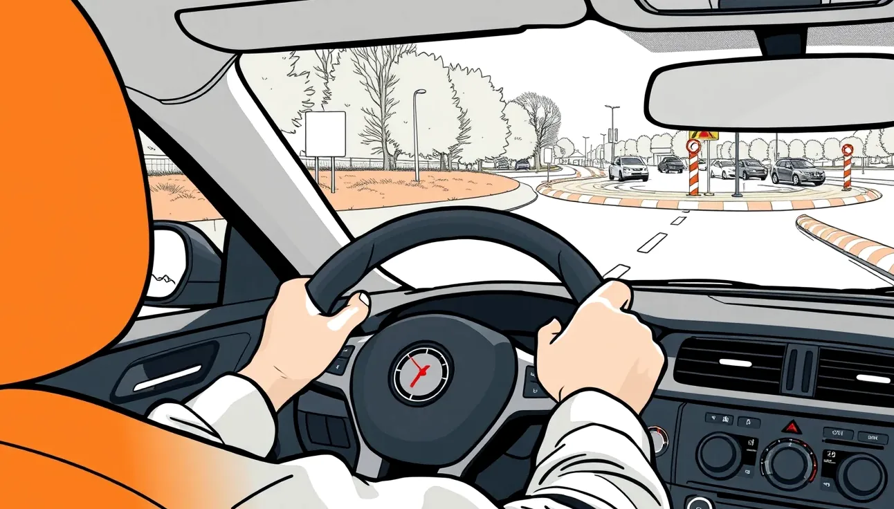 Pohľad vodiča cez čelné sklo na smerové šípky a jazdné pruhy turbo-okružnej križovatky