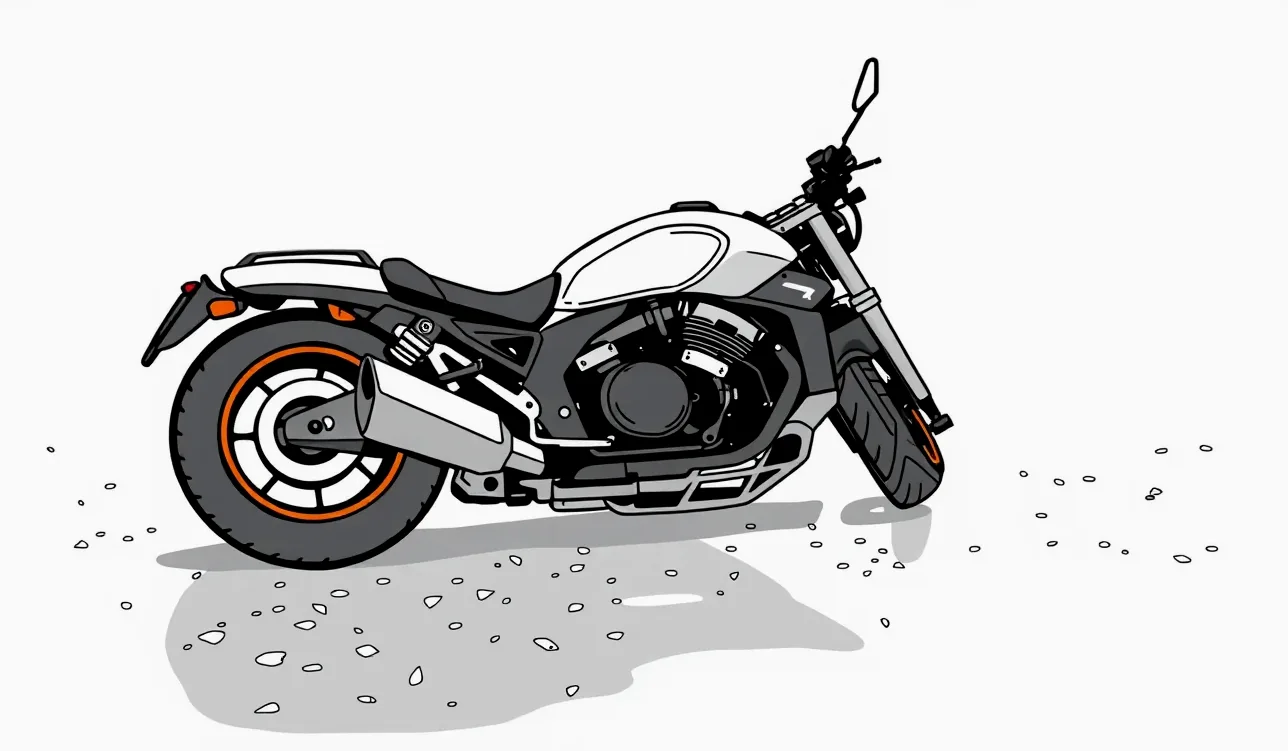 Motocyklista v koženej bunde kontroluje poškodenie motocykla po páde na krajnici cesty