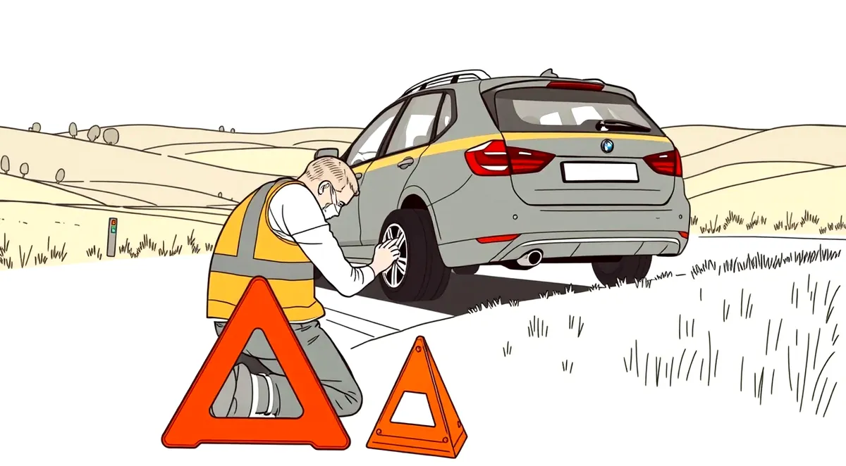 Mechanik vymieňa defekt na kolese osobného auta pri krajnici cesty s výstražným trojuholníkom