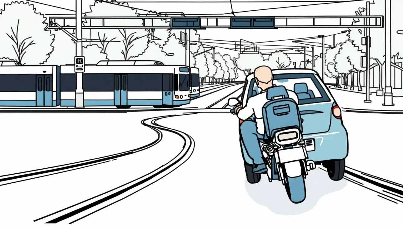 Osobné auto stojace na električkových koľajach pred križovatkou pri odbočovaní